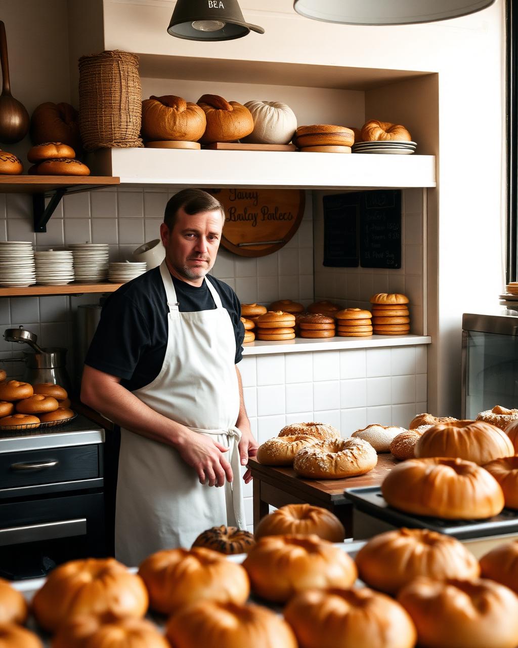 Mostrador de una panadería de Barcelona con pan recién hecho y el panadero