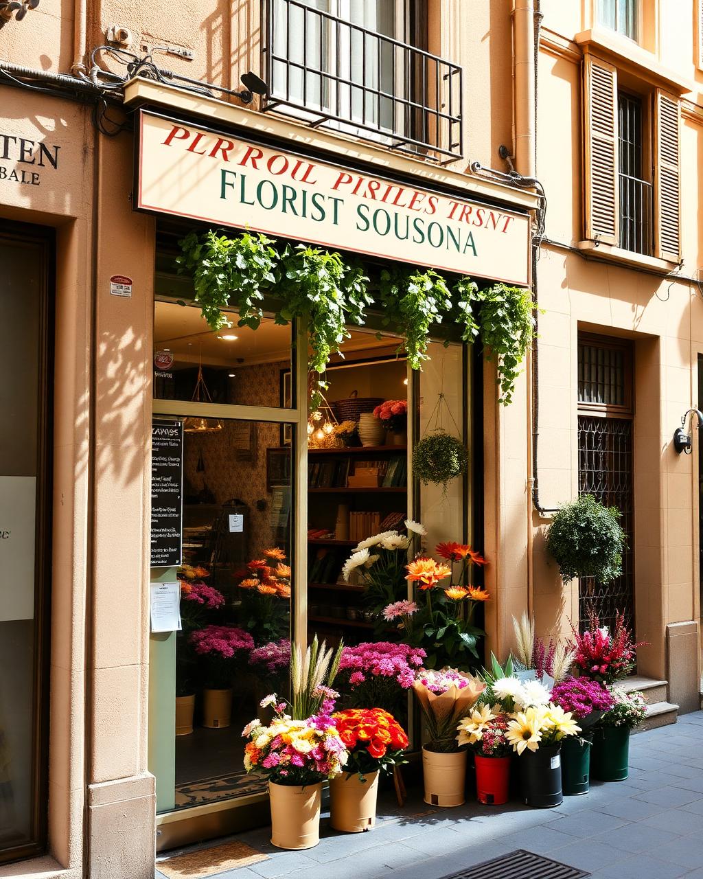 Escaparate de una floristería de barrio en Barcelona con luz natural