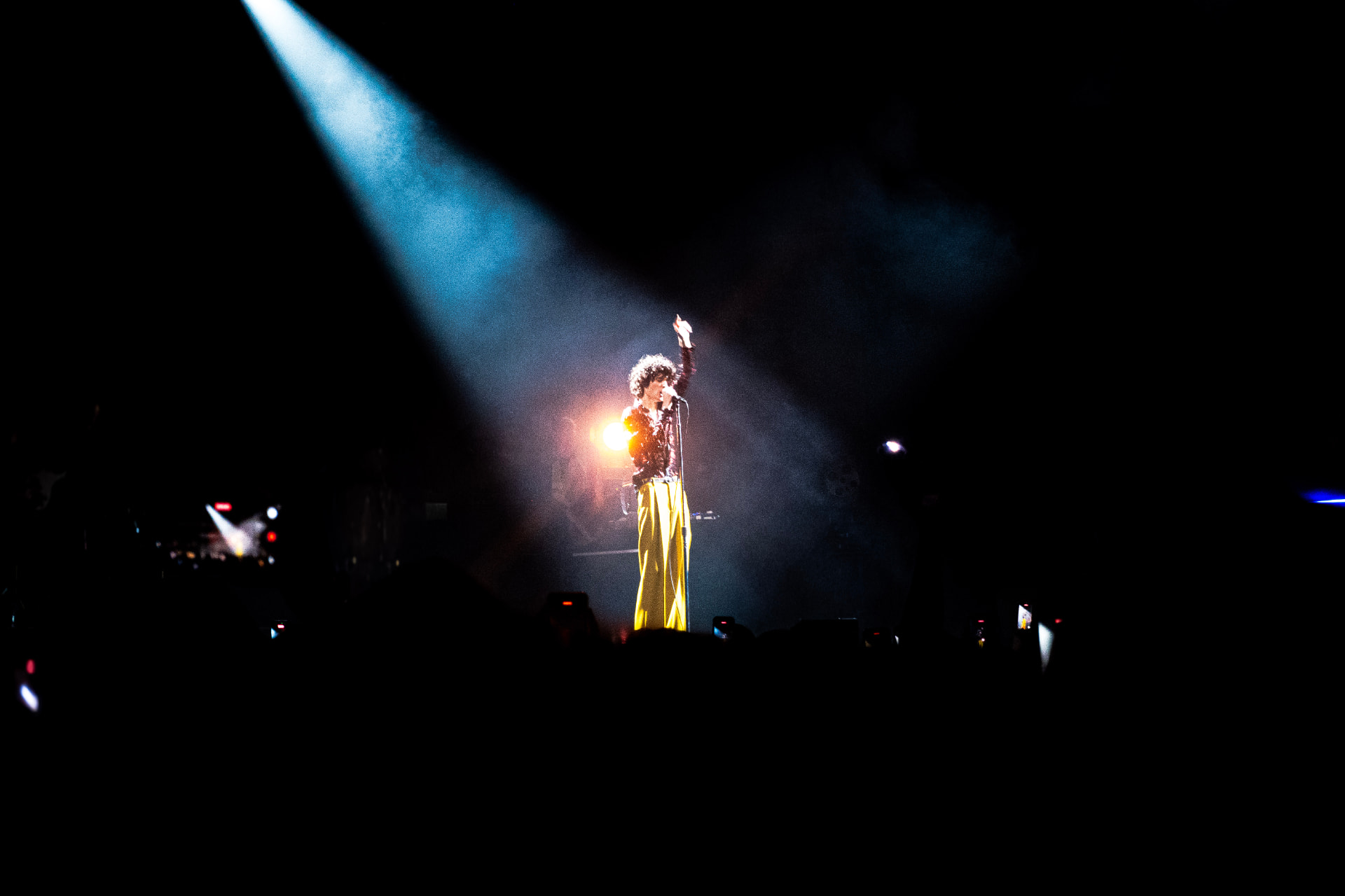 Singer under a spotlight on stage during a live concert